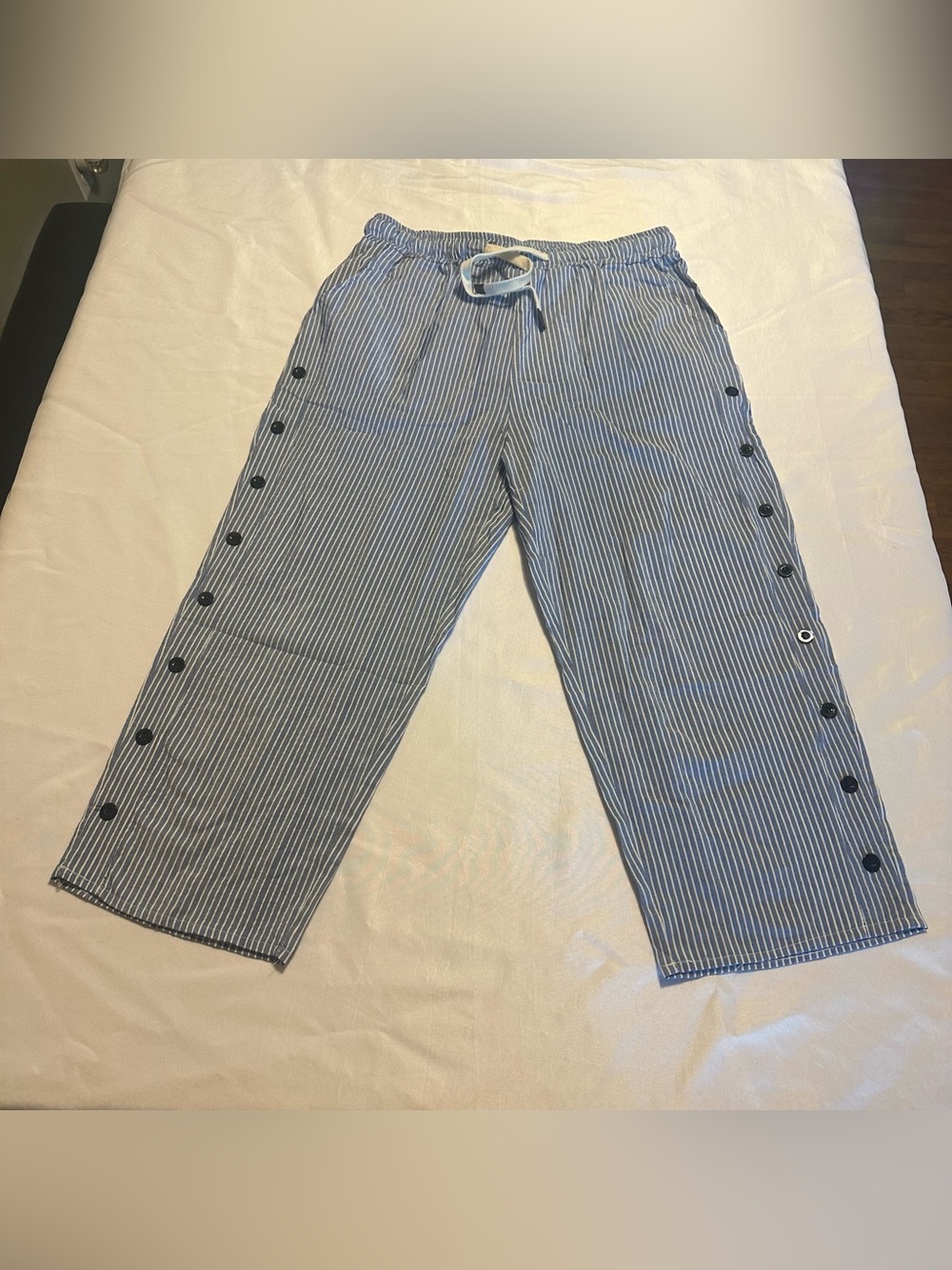 Striped Blue Drawstring women’s Pants with Side Buttons. NWOT